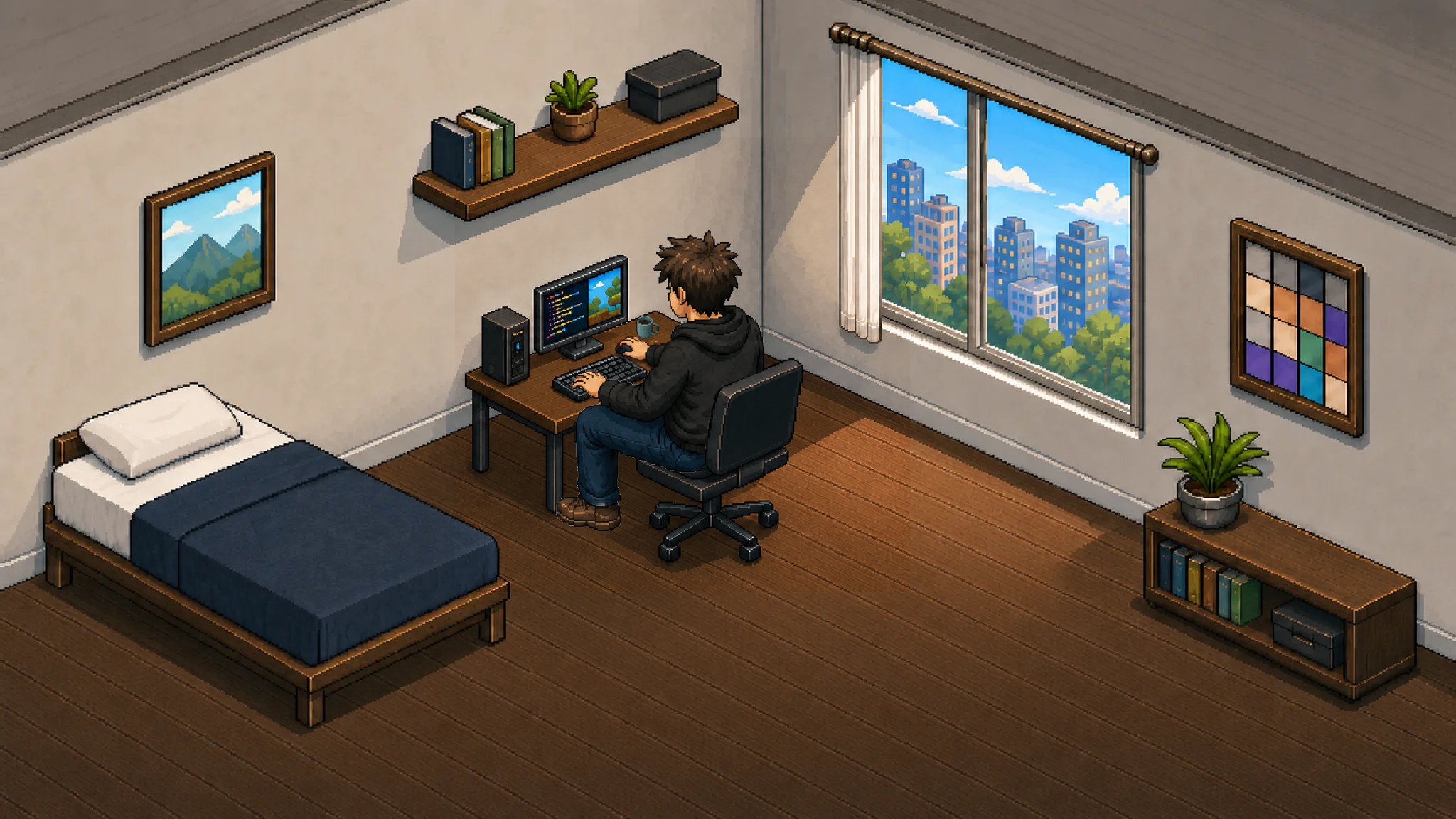 Your first studio: a pixel-art bedroom with a developer working at his desk